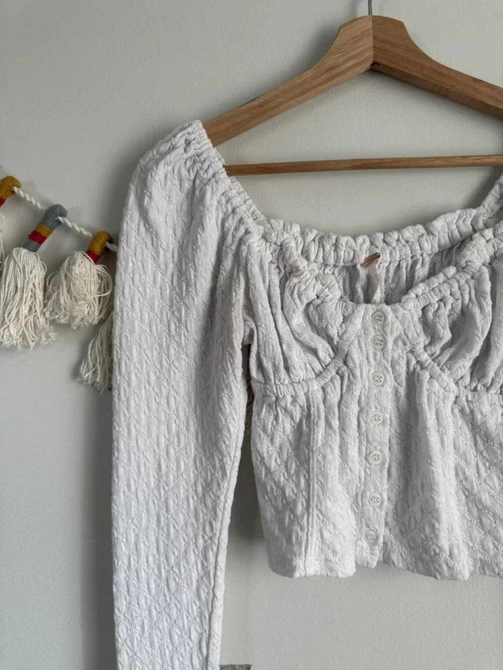 Free People Textured Ruched Button Front Long Sleeve Crop Top White Festival XS